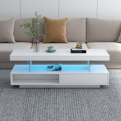 Table basse à DEL avec rangement, table centrale moderne avec 2 tiroirs et tablettes de présentation, mobilier d'appoint avec lumières DEL pour le salon