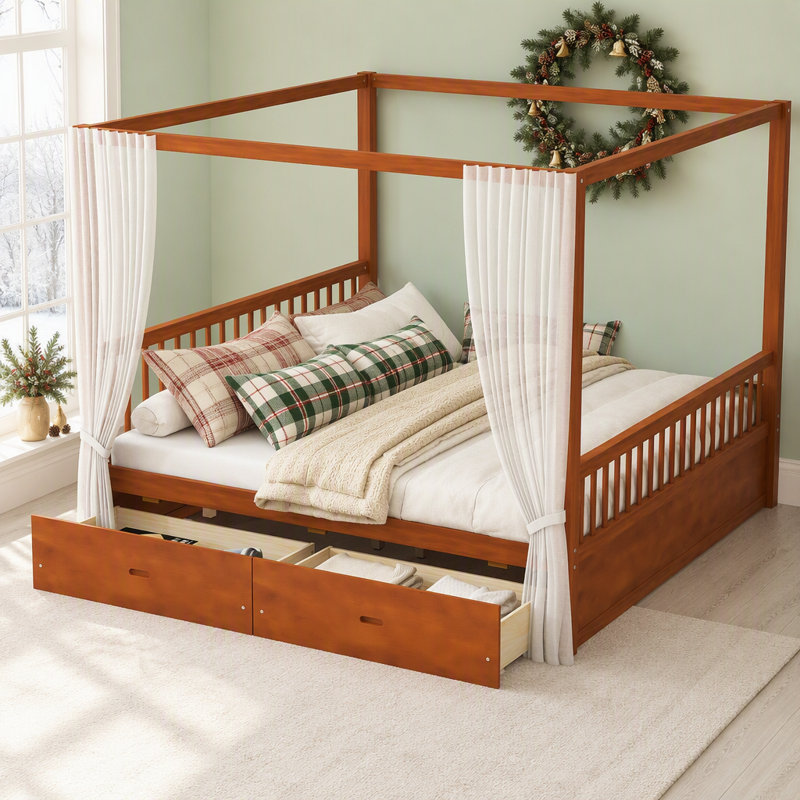 Lit à baldaquin en bois avec tiroirs de rangement, King, Walnut