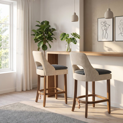Ensemble de 2 tabourets de comptoir de style moderne Mid-Century GatherStool, tabourets de bar rembourrés avec pieds en bois de noyer foncé, dossier à oreilles ergonomique, détails de taille creuse, hauteur de siège de 26 po