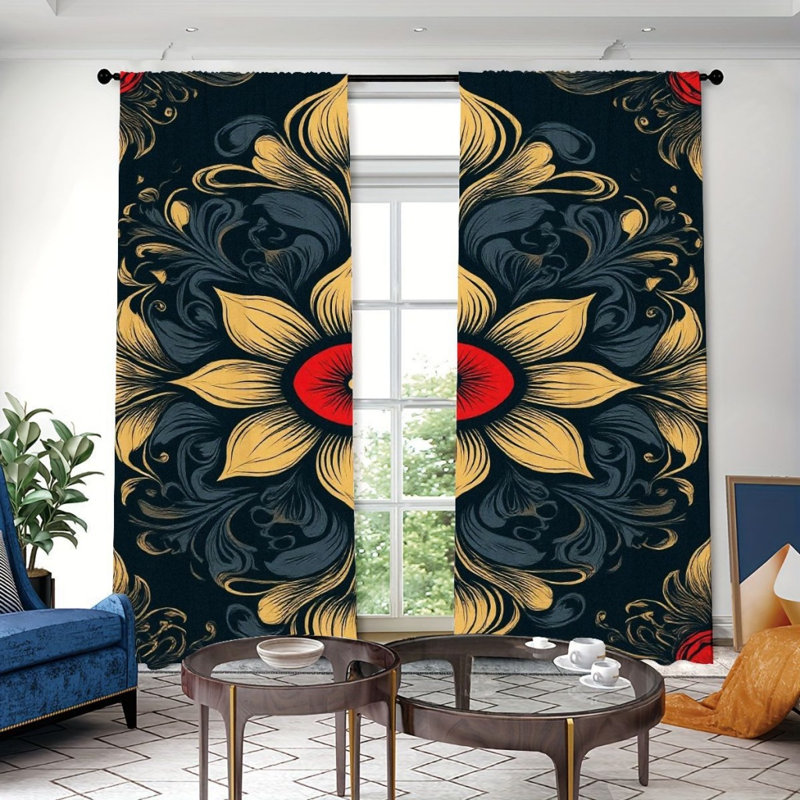 2Pcs Vintage Bohemian Style Curtains, Black Gold Pattern, Rod Pocket Window Drapes, Living Room Bedroom Study Decor