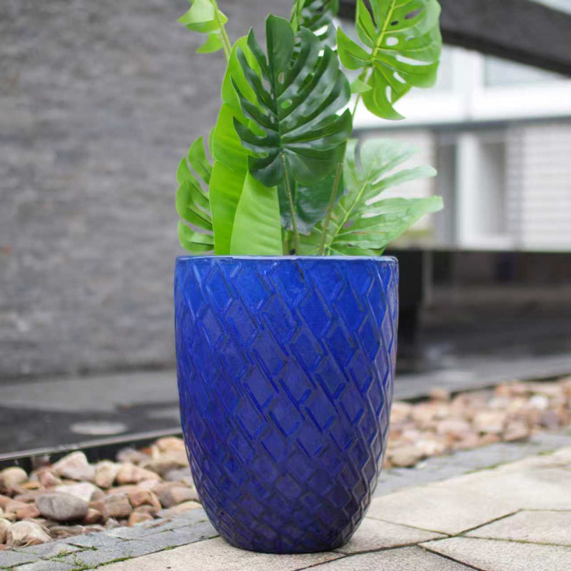 Pot de fleurs en céramique fait main, bleu saphir à motif losanges, pour Monstera deliciosa et figuier lyre, intérieur/extérieur, en céramique, bleu saphir, fait main, respirant