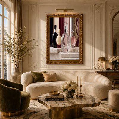 Four Glass Perfume Bottles on Stone Steps Canvas Wall Art