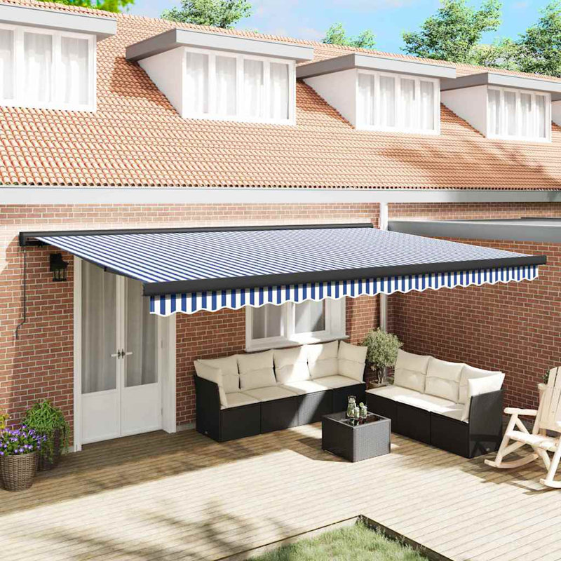 Ivy Bronx Fabric Cover Retractable Patio Awning, 500cm H x 300cm W, Blue;White/Black Striped
