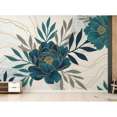 Peony Wallpaper – Abstract Floral Wall Mural With Acrylic Style Cutouts, Metallic Blue & Teal Leaves, Gold Line Art White Background  (Peel-N-Stick) 