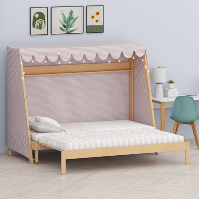 Playhouse Bed Frame with Tent, Light, Trundle and Storage Shelf