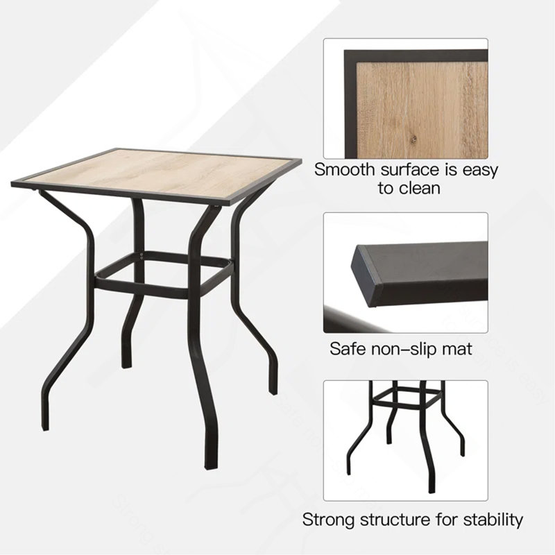 Table de bar carrée en métal avec plateau de table aspect bois, mobilier de jardin extérieur pour terrasse de jardin balcon