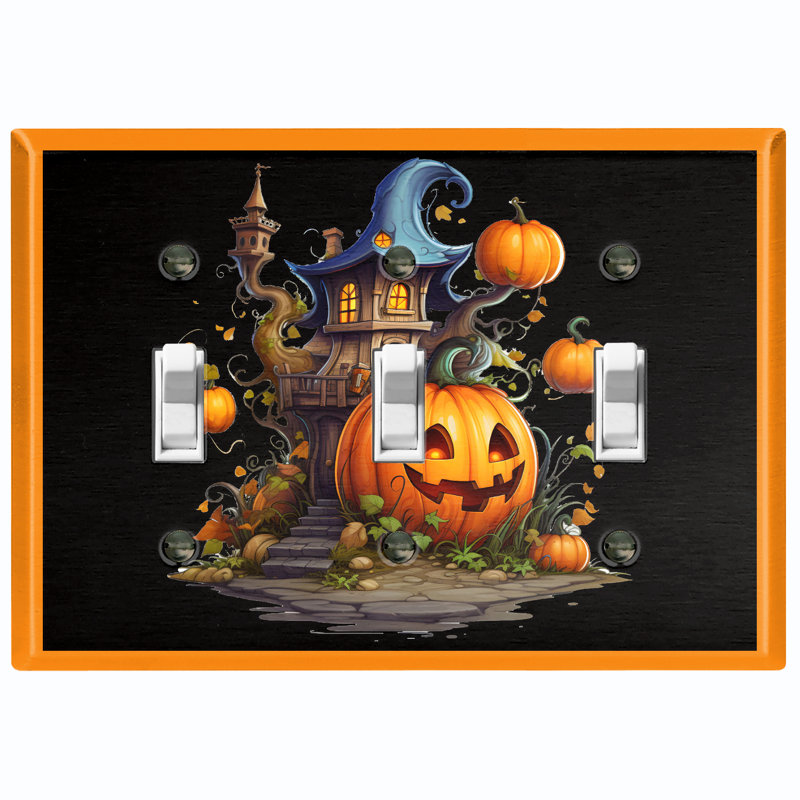 Metal Light Switch Plate Outlet Cover (Halloween Spooky Tree House Pumpkin - Triple Toggle)