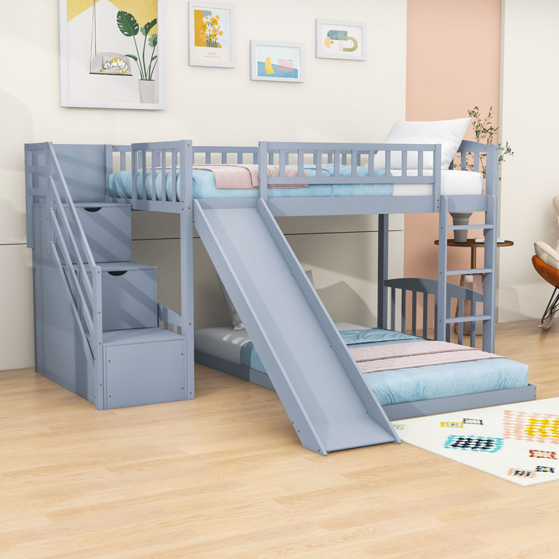 Stairway Twin Over Twin Wooden Bunk Bed With Convertible Slide And Ladder, Gray
