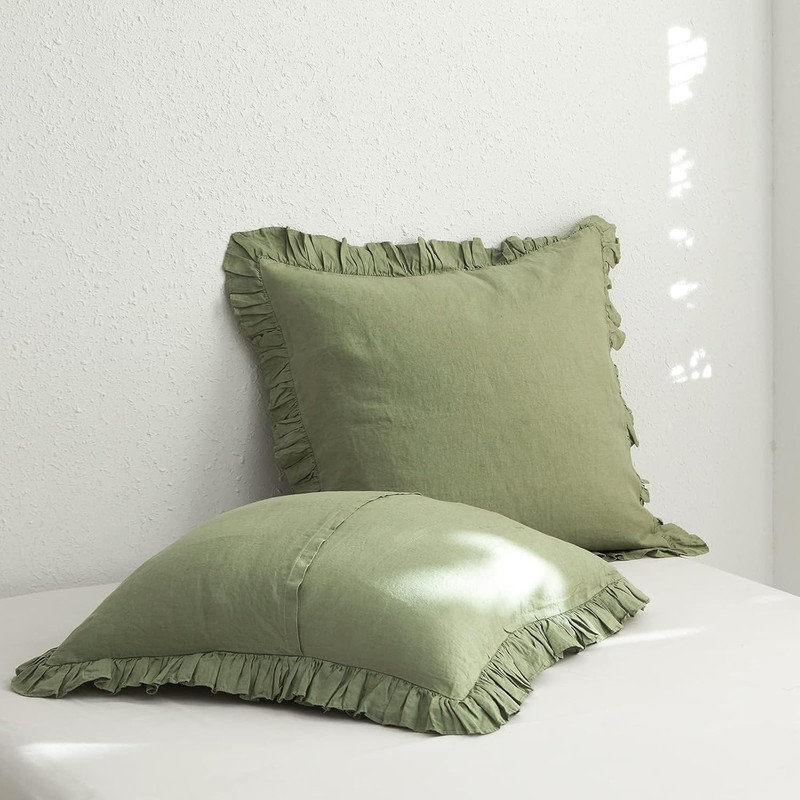 100% Linen Euro Sham Covers With Ruffle, 2Pcs Pillow Covers 26X26 Inches, Sage Green
