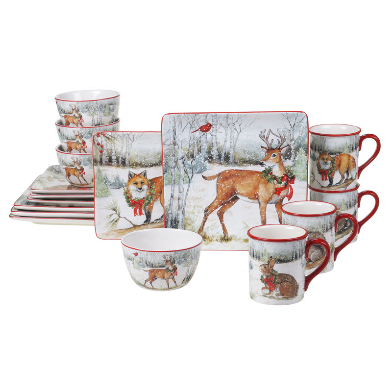 Winter Forest Ceramic Holiday Dinnerware Set, Service for 4