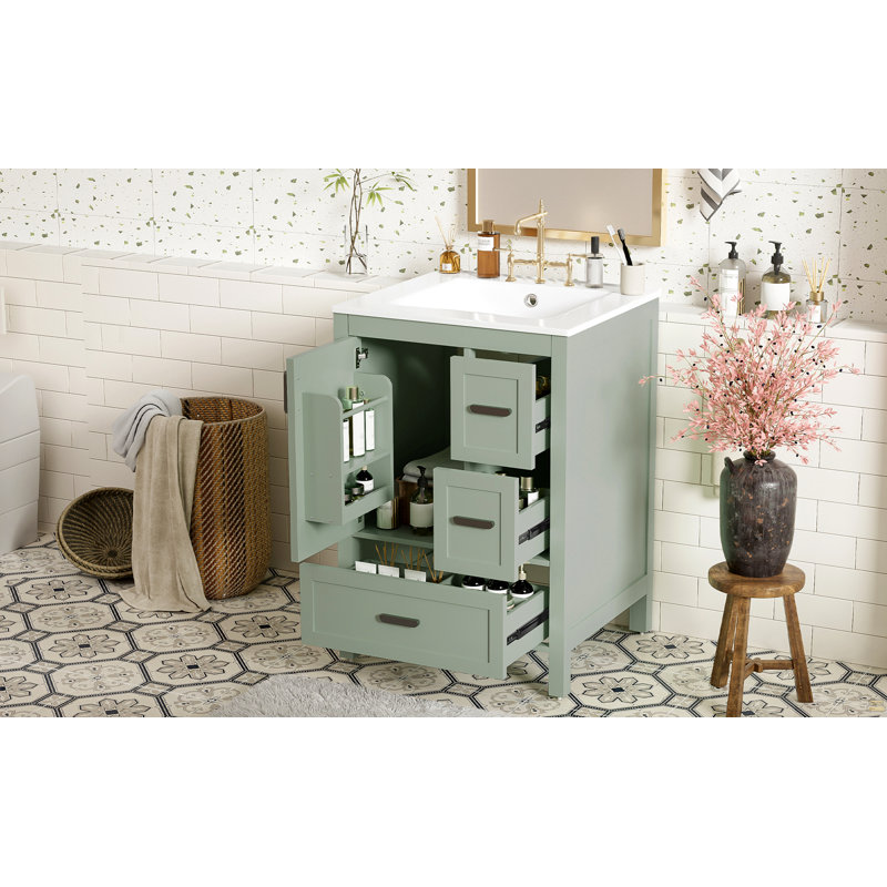 Meuble-lavabo moderne de 24 pouces avec lavabo en céramique, porte à fermeture douce, tablette de porte à double couche et 3 tiroirs