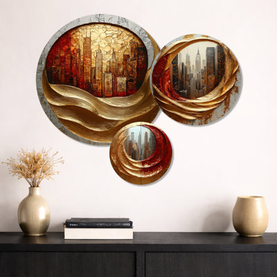 Art mural doré, art déco, reflet de New York I - paysage urbain, 3 pièces