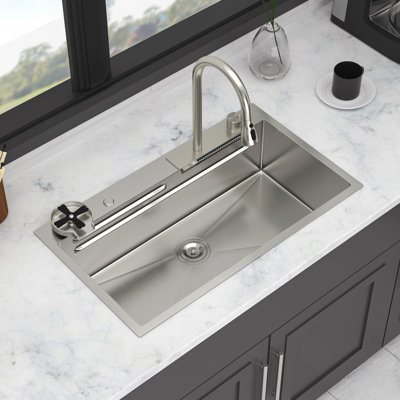33" Kitchen Sink Waterfall Sink - 33 X 19.29 X 9 Inch Multifunction Single Bowl 16 Gauge Stainless Steel Ledge Workstation Smart Top Mount Kitchen Sinks