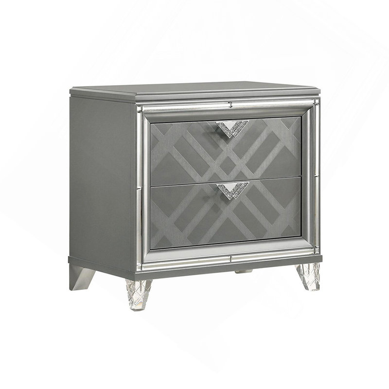 Table de chevet 2 tiroirs avec bordure miroir, argent