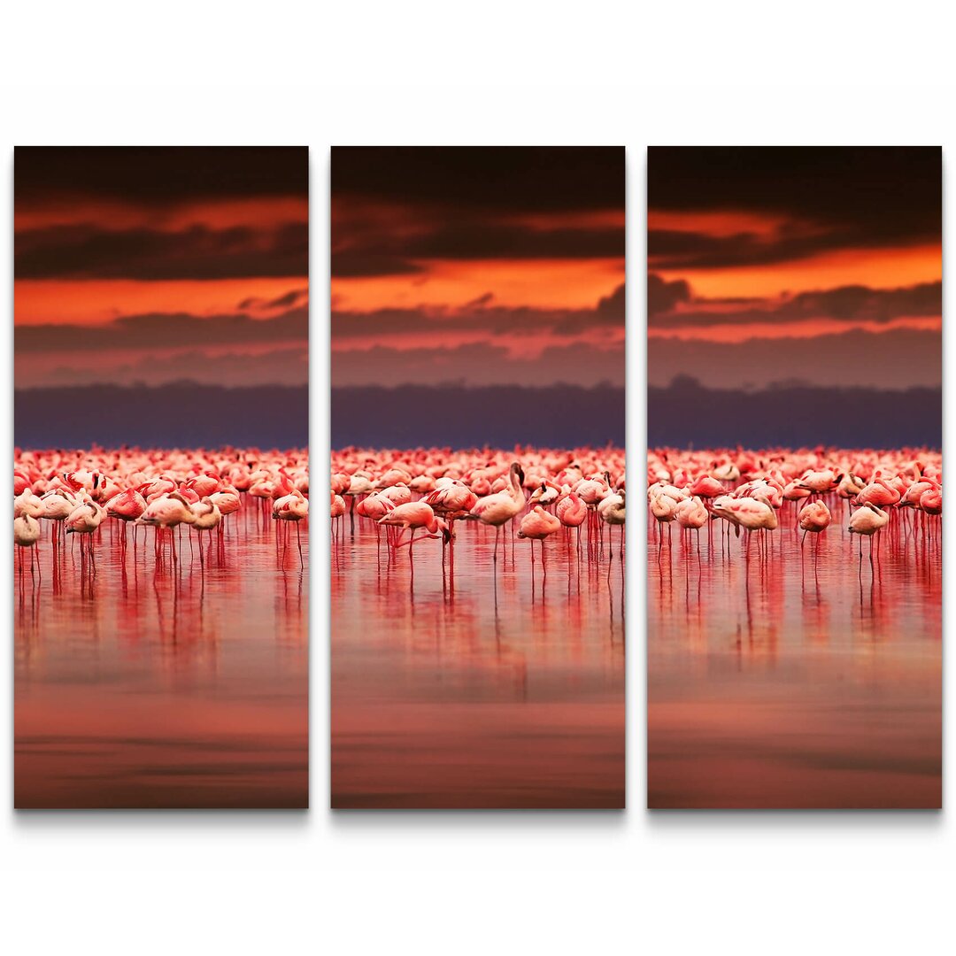 3-tlg. Leinwandbilder-Set Flamingos im Sonnenuntergang