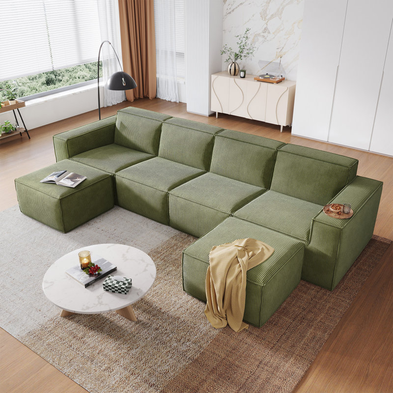 133.4" Modular Cloud Sectional Sofa With Movable 2 Ottomans, Green