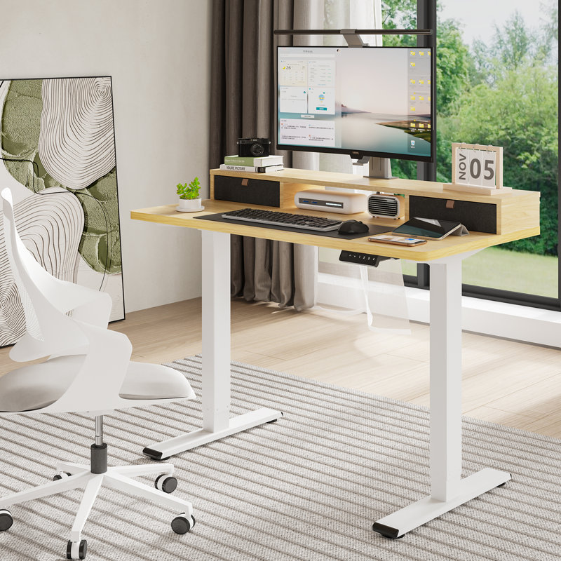 Bureau debout à hauteur réglable avec 2 tiroirs Lysandre Home Office, H 48,6 po x l 47,3 po x P 23,6 po, Naturel / Blanc