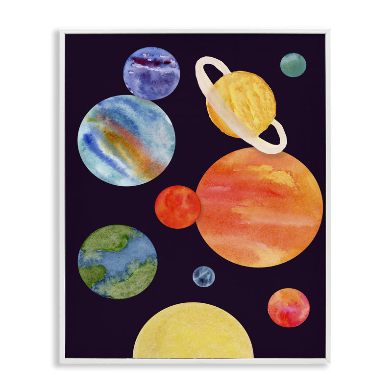 Aquarelle planètes sur giclée encadrée noire, design par Corinne Rose Designs, H 30 po x l 24 po