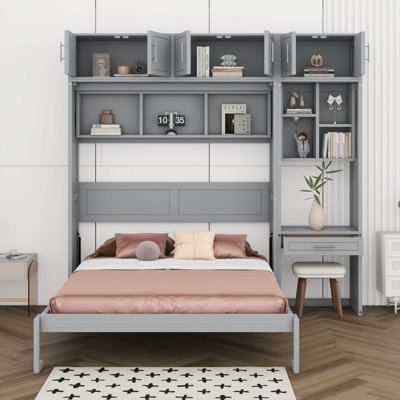 Queen Size Wall Murphy Bed With Desk, Top Cabinet And Storage Shelves, Wood Murphy Hidden Wall Bed