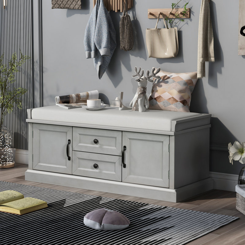 Banc de rangement avec 2 tiroirs et 2 armoires pour le vestibule, Gris délavé