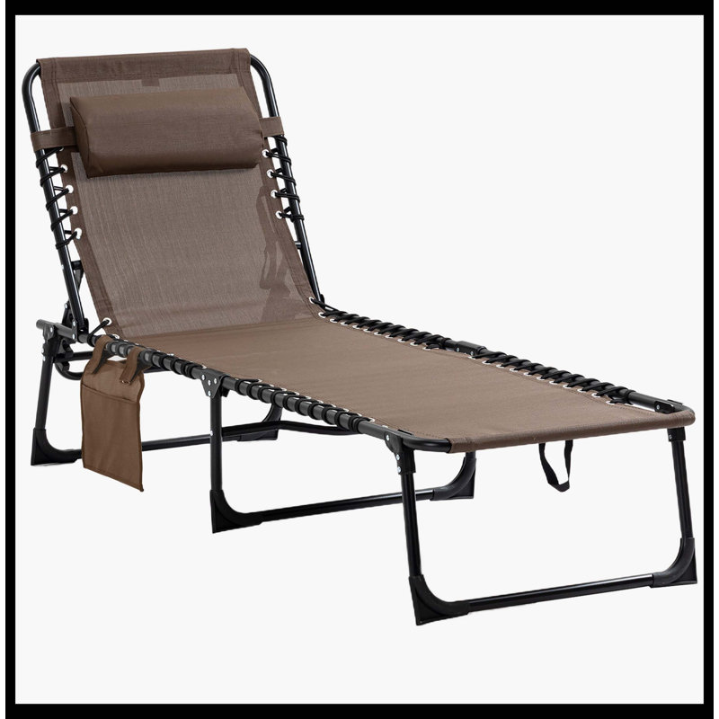 Reclining Chaise Lounge Chair, Portable Sun Lounger & Folding Camping Cot, With Multi-Level Adjustable Backrest & Removable Pillow For Patio, Garden, Beach (Brown)