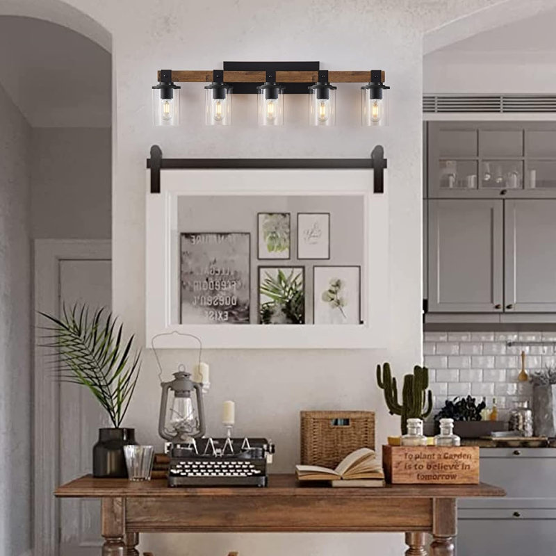 Livi Wooden Bathroom Vanity Light with Clear Glass Shade, 5