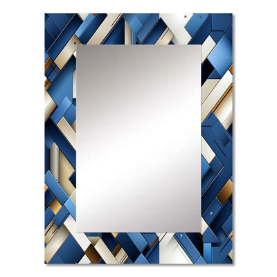 Urban Cobalt Blue And Bwhite Grid Geometric - Geometric  Decorative Mirror, Geometric Large Wall Mirror, Printed Metal Art