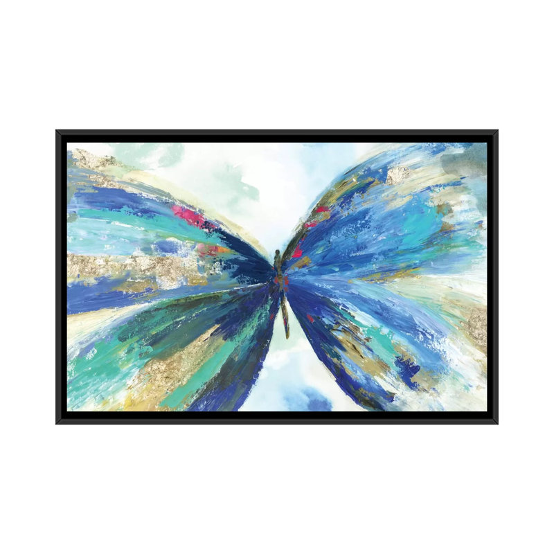 « blue papillon », reproduction sur toile, H 18 po x l 26 po x P 1,5 po, Toile avec cadre noir, Pas de tapis