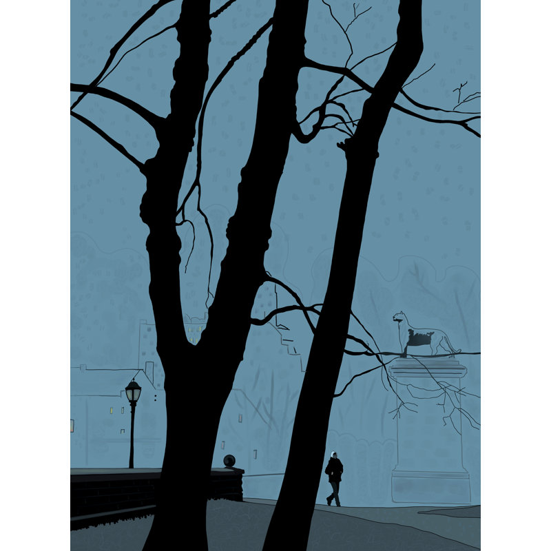 «Park Entrance on Winter Day» par Evan Sklar - Peinture, H 31,25 po x l 25,25 po, Papier avec cadre noir