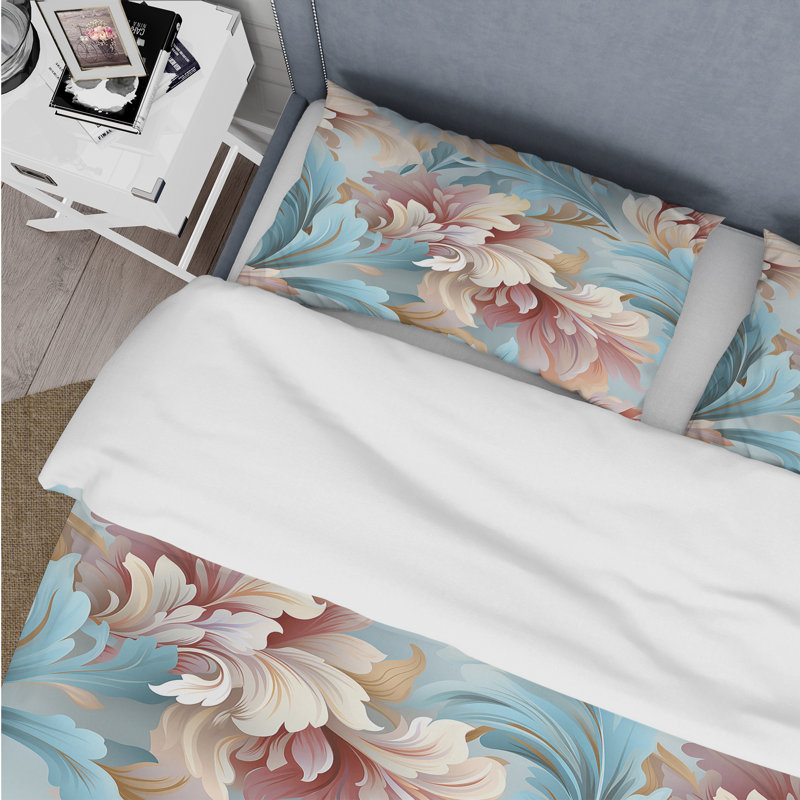 Pink And Blue Damask Flowering Box Stitch Floral Duvet Cover, King Duvet Cover + 2 King Shams
