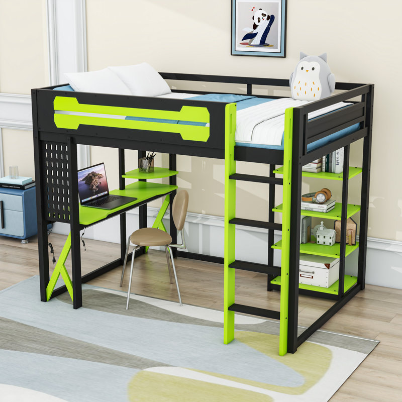 Wood Loft Bed with Desk, Shelves, Power Outlet and RGB Light, Black/Green