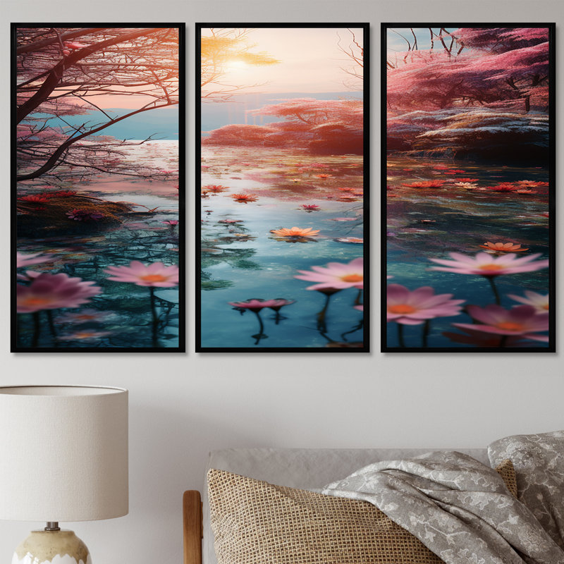 Rivière rose avec fleurs de lotus rose - lotus, H 28 po x l 36 po x P 1 po, Cadre flottant noir