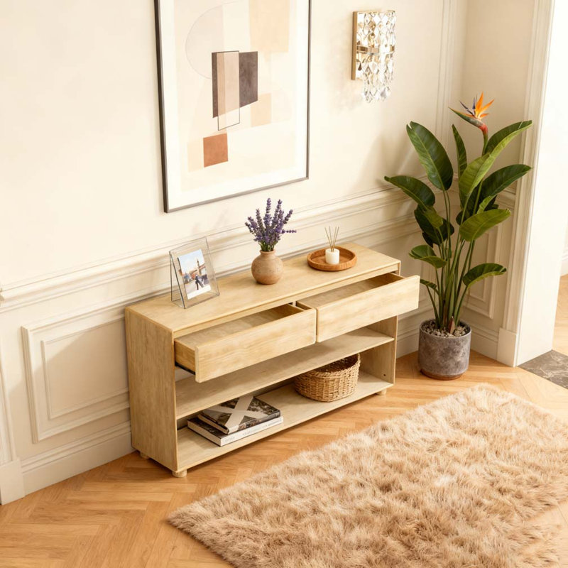 Console avec tiroirs et tablettes, consoles avec rangement pour le vestibule, Bois naturel délavé