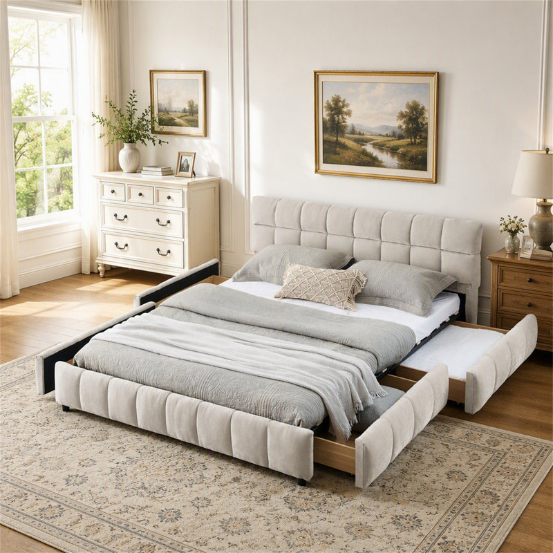 Grand lit tapissier, Beige, Grand lit