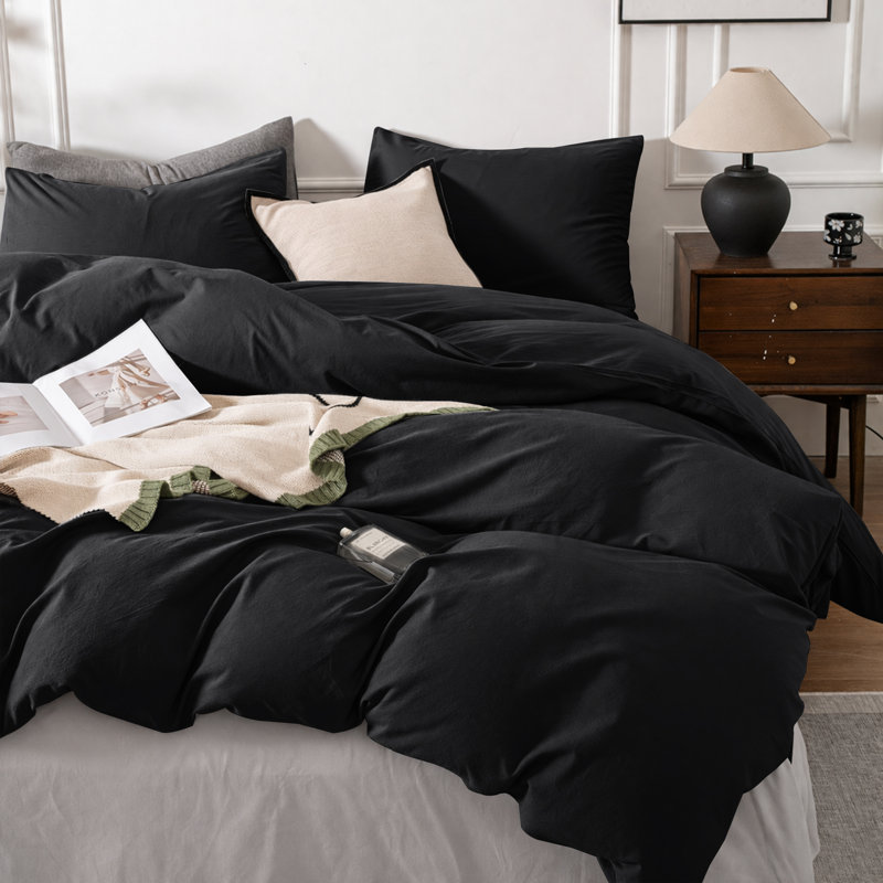 3-Piece Dyed Duvet Cover Set With Pillowcases, Black, Single Duvet Cover + 2 Standard Pillowcases