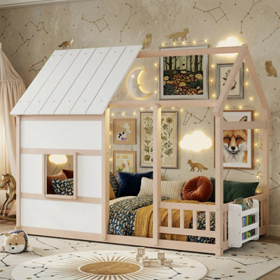 Lit simple 82,5 po avec lumière à 7 couleurs DEL - cadre de lit en bois pour enfants avec toit et bibliothèque - lit Montessori à profil bas - blanc