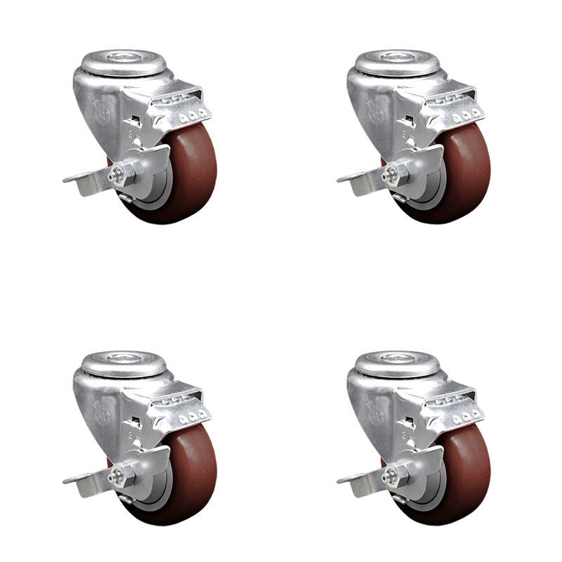 Ensemble de roulettes pivotantes à trous de 3,5 po en polyuréthane avec frein SCC, Marron