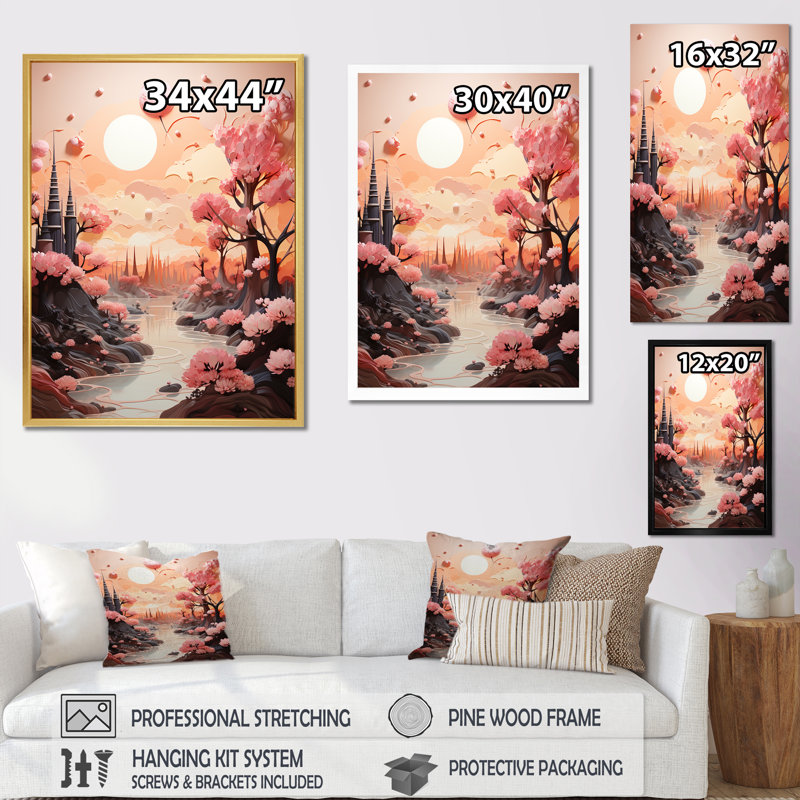 «Skyline Puffy Peach Castle» sur toile, H 32 po x l 16 po x P 1 po, Cadre flottant noir