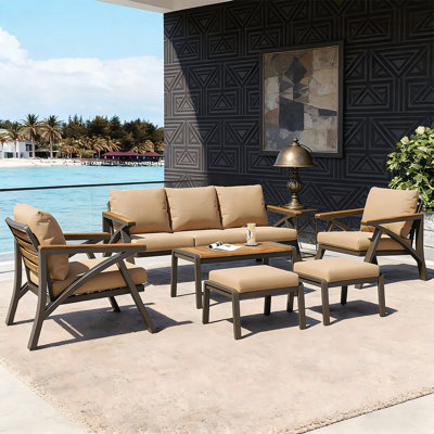 6-Piece Outdoor Patio Furniture Set with Steel Frame, Cushioned Seating, and Acacia Wood Coffee Table for Backyard, Garden, and Poolside