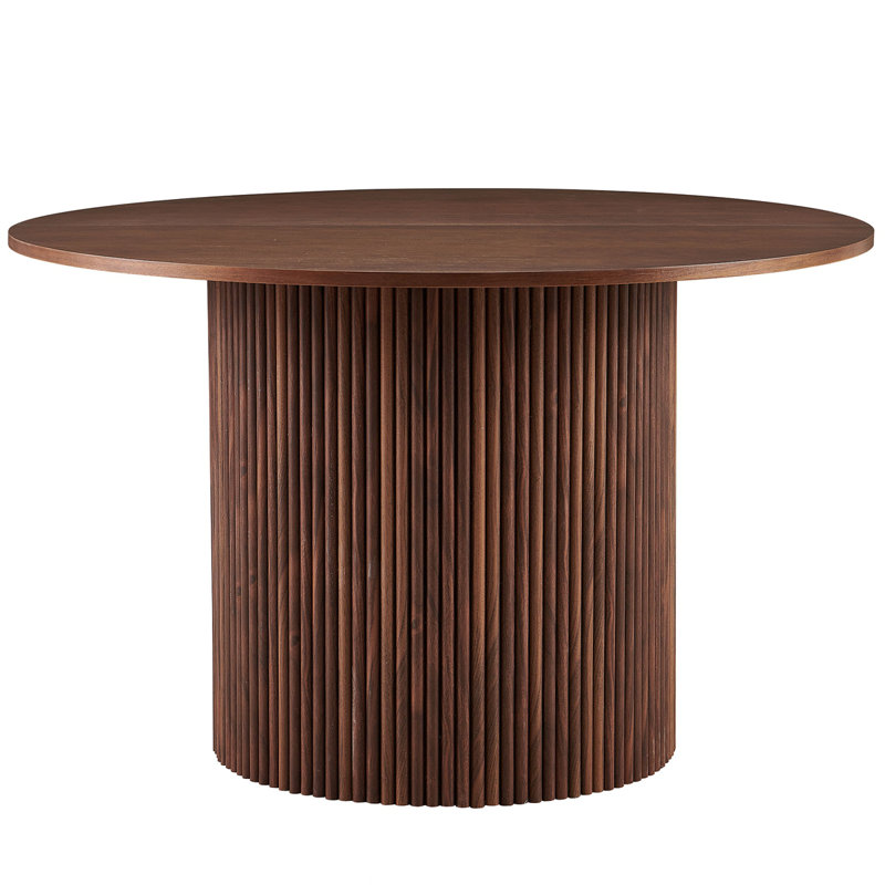 Walnut Wood Veneer Tabletop 47 Inch Round Dining Table For 4, Modern Farmhouse Kitchen Table, 47 Inch Round Dining Tables With Wood Strip Base