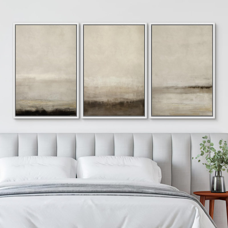 «Misty Horizons Tranquil Scenery In Mon monochrome Abstract», 3 pièces, H 24 po x l 16 po, Blanc