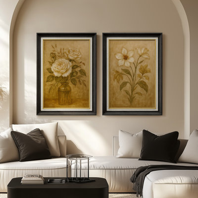 «Vintage Botanical Rose and Daisy Study» - ensemble de 2 reproductions d'art mural encadrées de qualité supérieure sur papier 26 po x 36 po