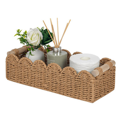 Scalloped Paper Rope Storage Basket, Decorative Shelf Basket With Wooden Handles