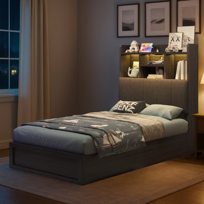  Farmhouse Twin Bed Frame With LED Storage Bookcase Headboard & Charging Station, Rustic Brown, Black