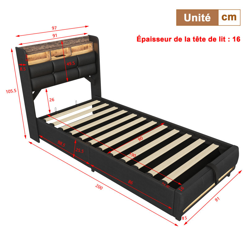 Upholstered Lift Up Storage Bed, Single (3')