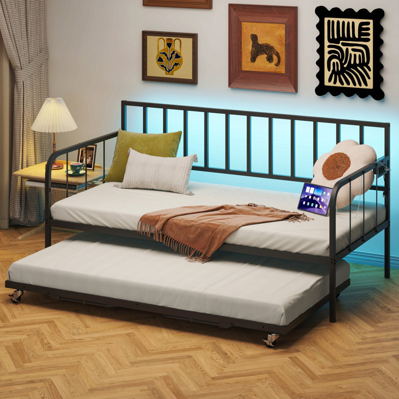 Twin Daybed With Trundle, Metal Trundle Bed, Sofa Bed Frame With Heavy Duty Metal Slats Sppports, Space Saving, For Living Room, Bedroom And Guest Room