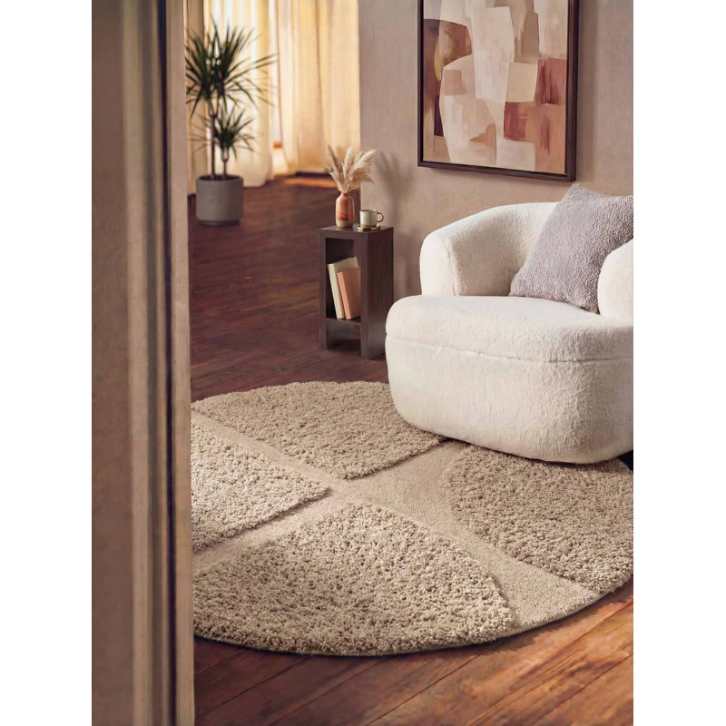 Denten Geometric Hand Tufted Shag Area Rug, Beige, Round 150 cm