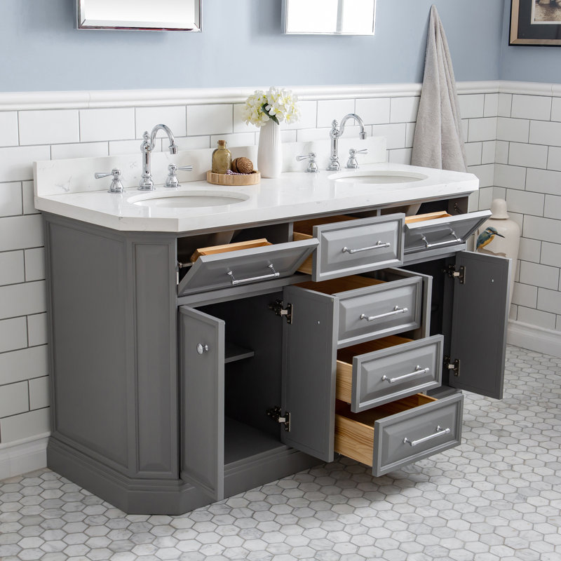 Bruning 60" Carrara Engineered Marble Countertop Bath Vanity with Faucet and Mirror, Chrome Deck Mount, Cashmere Gray