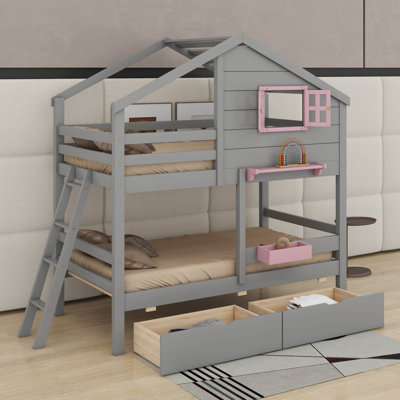 Twin Over Twin Bunk Bed With Drawers, Shelf, Window And Roof