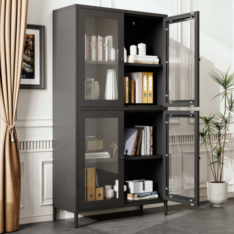 Armoire de rangement classique en métal avec 4 portes en verre et 4 tablettes avec armoire latérale pour bureau à domicile, cuisine, couloir plat, verre trempé plat